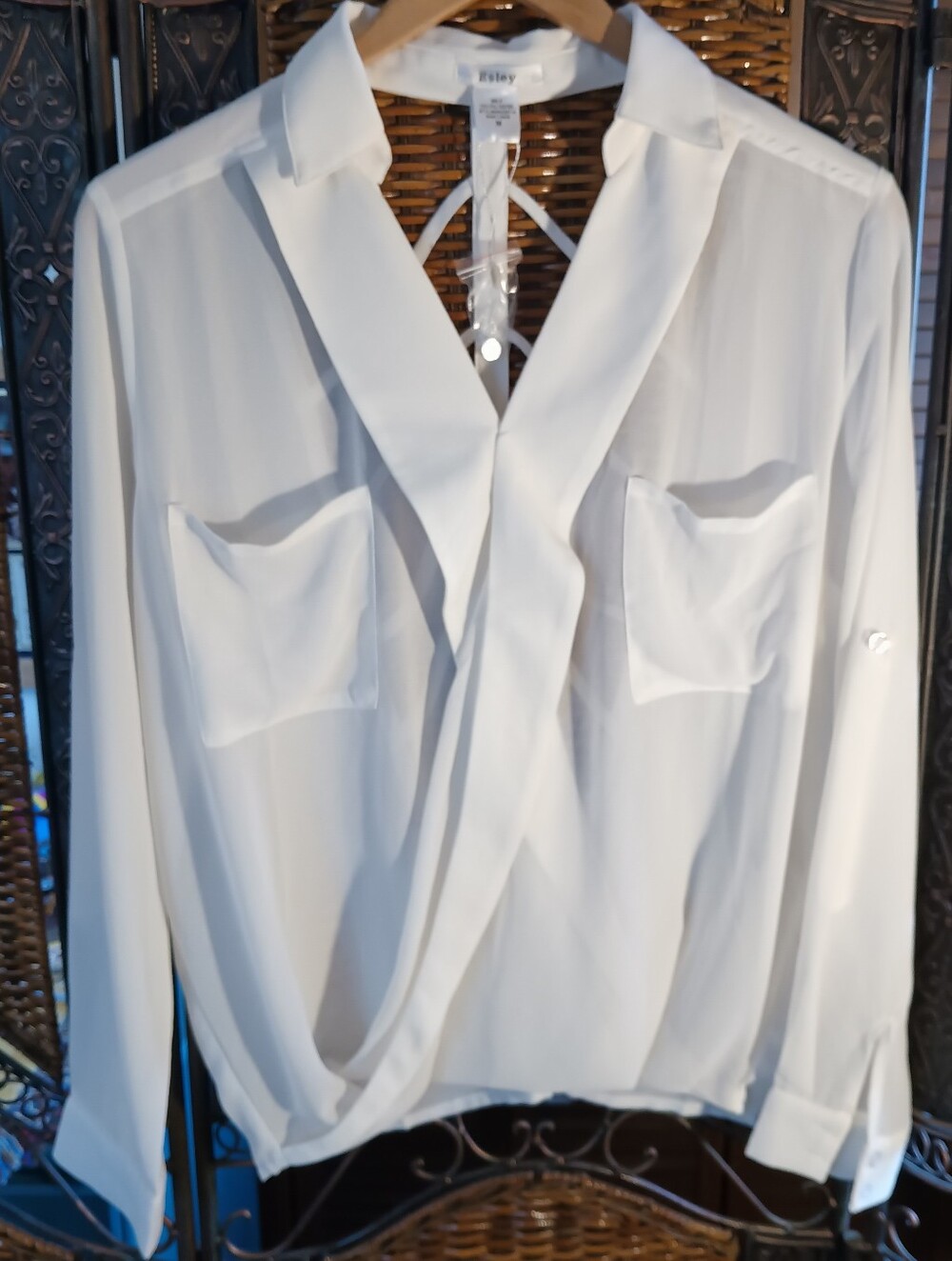 Esley White Long Sleeve Sheer Lattice Cross Cross Back Draped Collar Blouse